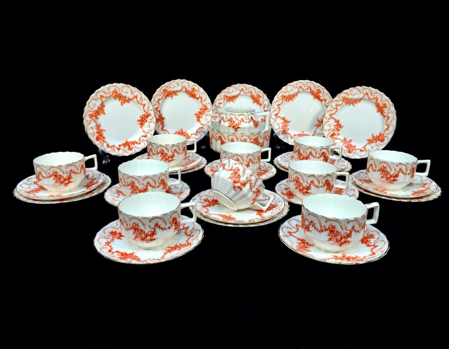 Antique Edwardian China Tea Set for 10 People / Orange & White / C.1900 / Trio