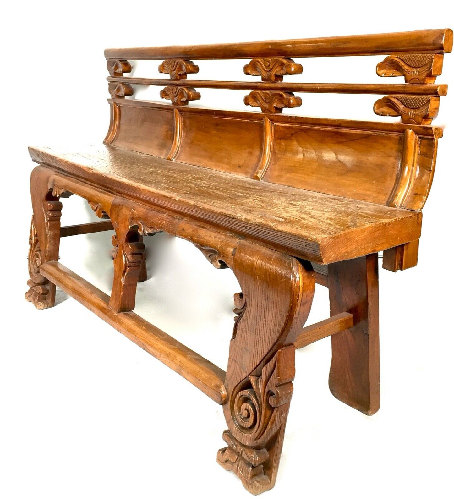 Antique Chinese Buddhist Temple / Opera Bench Elm Wood / 19th Century / c.1890