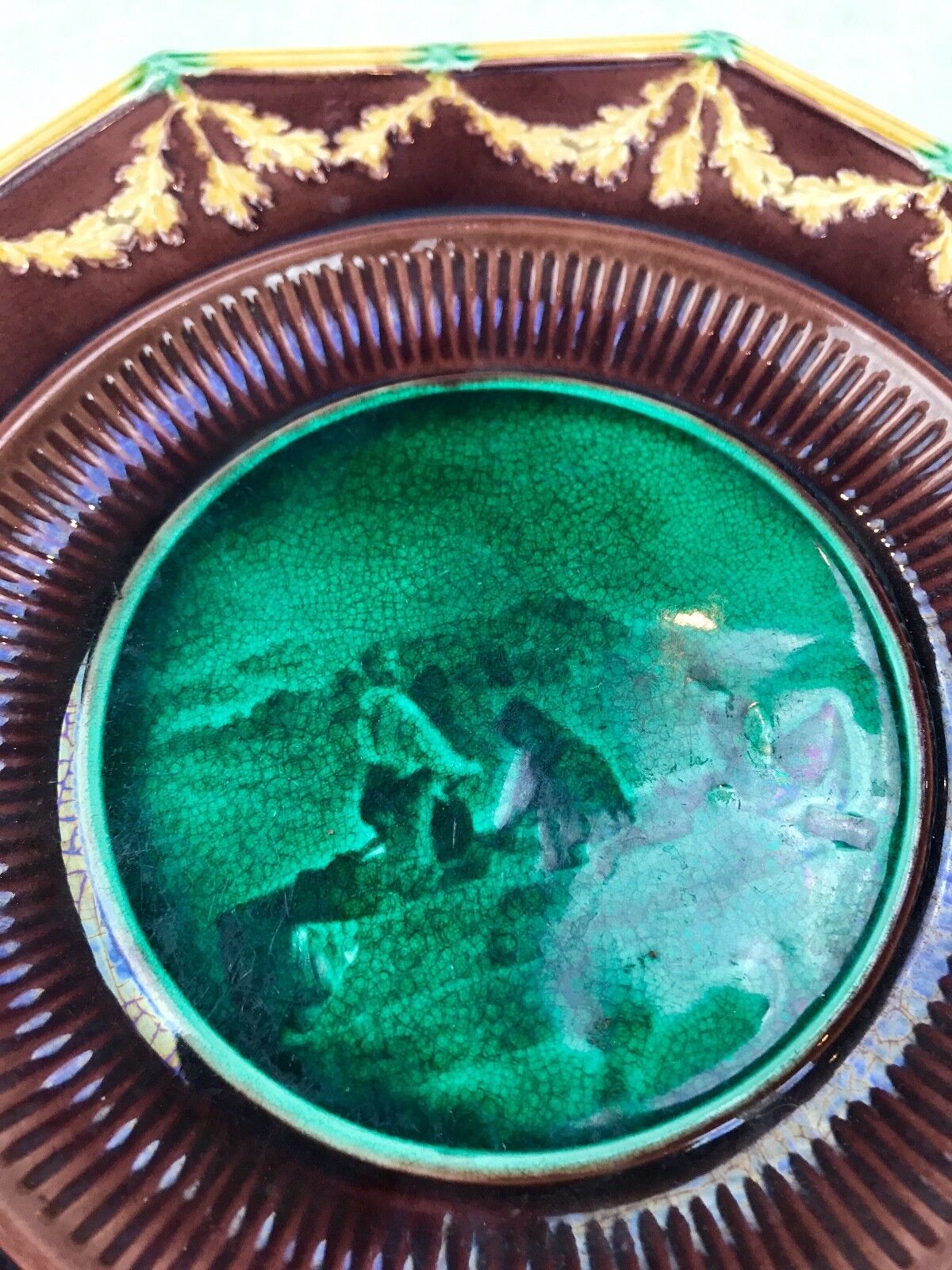 Wedgwood Majolica Octagonal Portrait Plate With Medieval Dolphin Feet Victorian