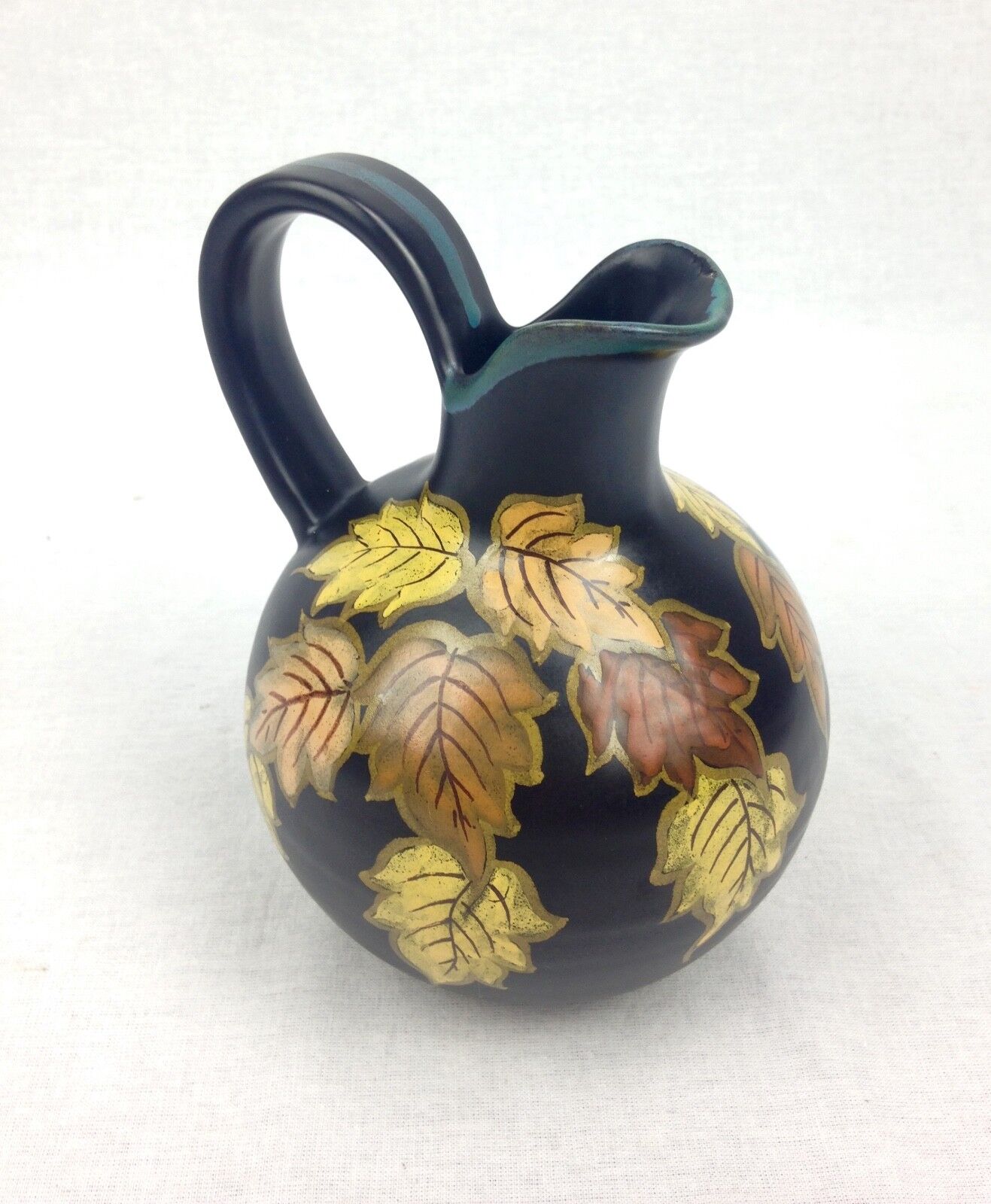 Gouda Pottery Vase Jug 1930's / 40's Black - Yellow - Orange Leaf Design Dutch