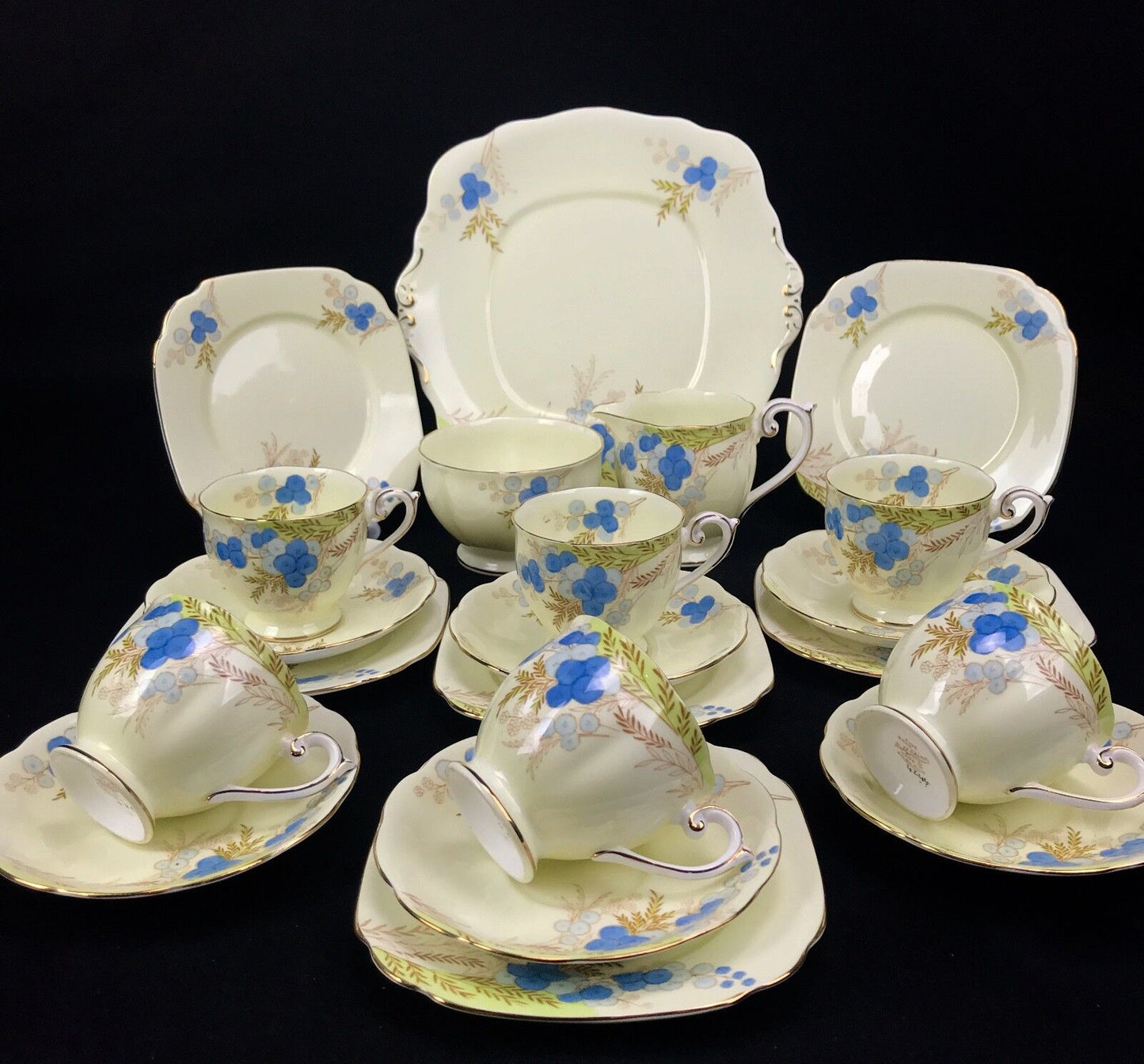 Vintage Bell China Tea Set for 6 People / 21 Piece / Blue And Cream 1940's
