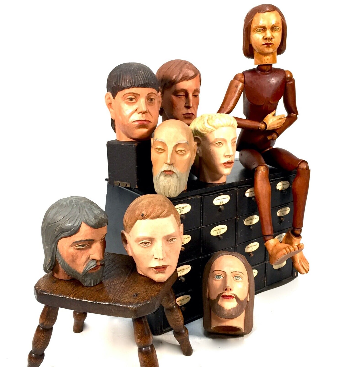 Antique Wooden French Articulated Artists Lay Figure & Head Collection c.1900