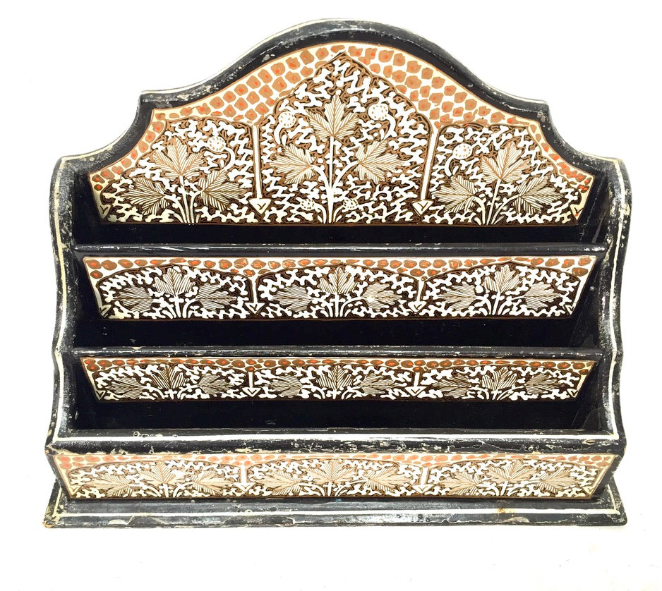 Vintage Wooden Kashmir Indian Gold Tabletop Letter Rack Stationery Holder Floral