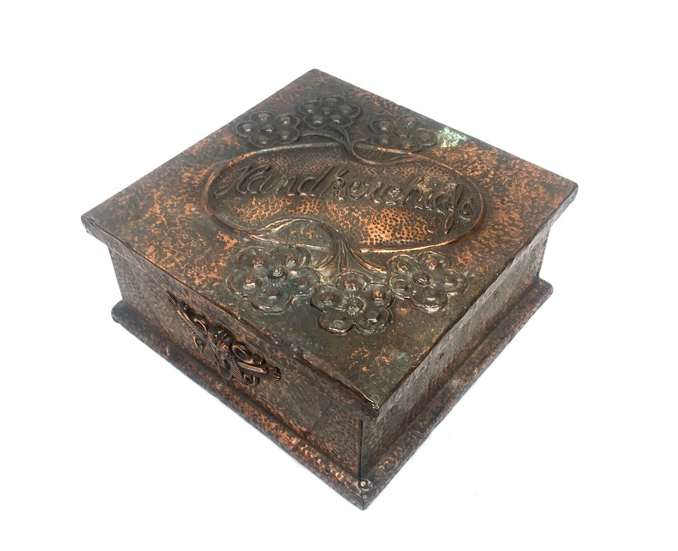 Antique Arts & Crafts Repousse & Hammered Copper Handkerchief Box c.1930