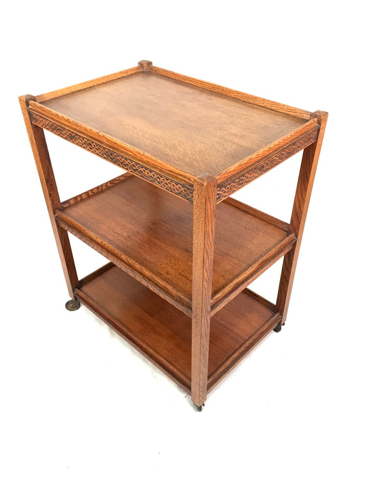 Antique Arts & Crafts Wooden Oak Tea Trolley / Bar Cart Side Table c.1930