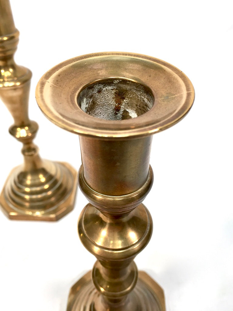 Antique Matching Pair Of 20th Century Brass Candle Stick Holders