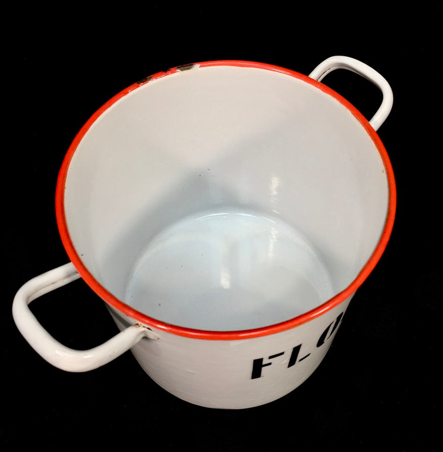 Antique Kitchenalia - White & Red Enamel Flour Bin with Lid Storage Box c.1950