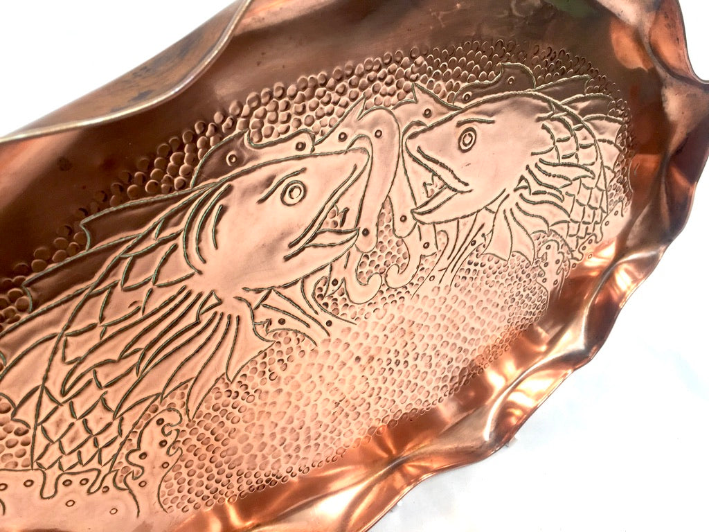 Antique Large Arts & Crafts Copper Tray with Fluted Edge & Fish Design c.1900