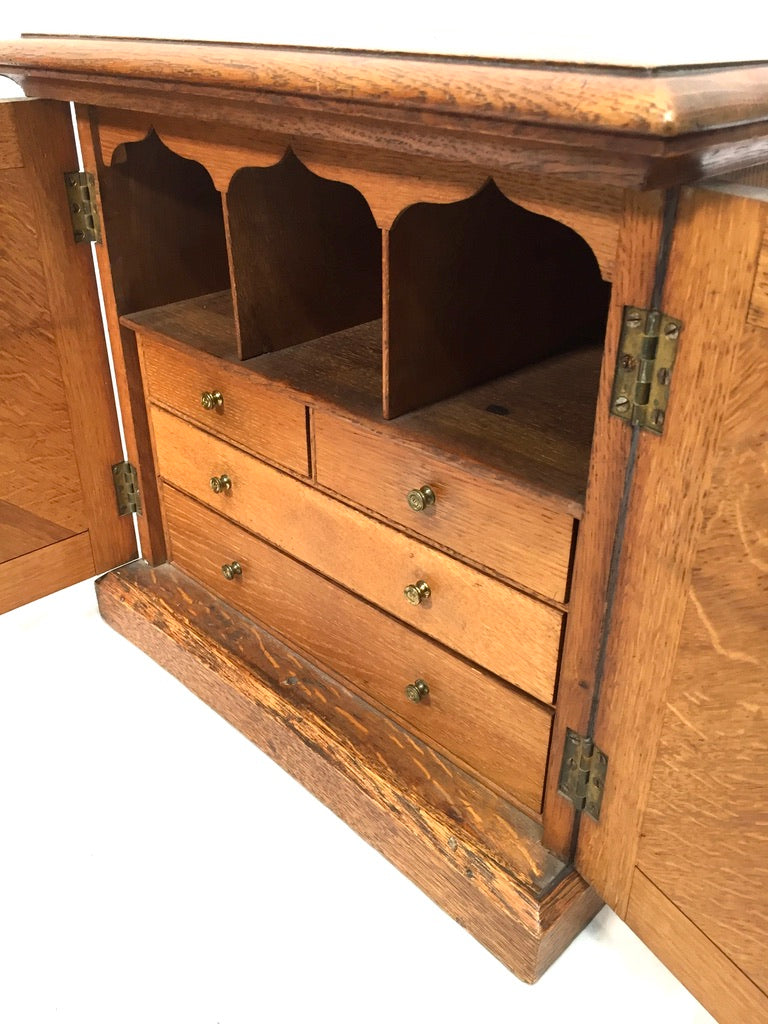Antique Tabletop Oak Wooden Desk Stationery Box / Cabinet / Cupboard c.1920 Key