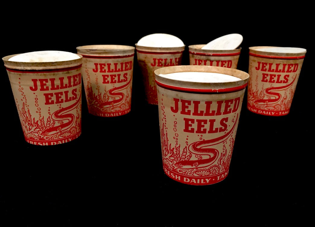 Antique Advertising - 1930s Six Waxed Paper Cartons with Lids for Jellied Eels
