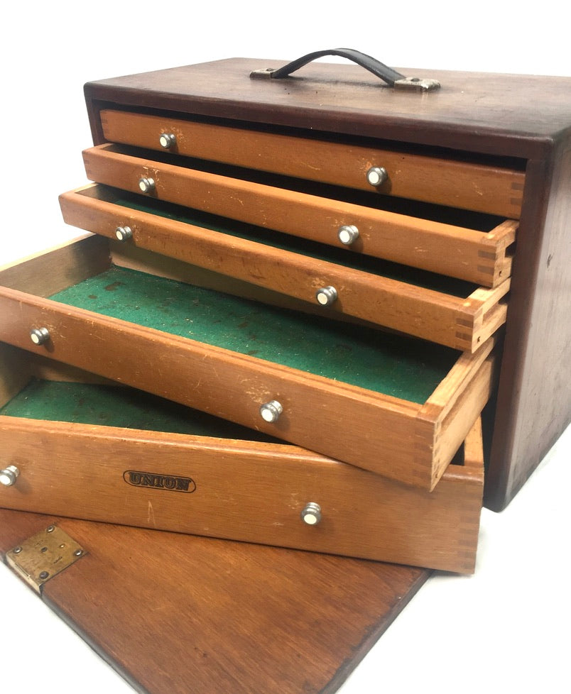 Antique Wooden Union Engineers Toolbox / Tool Box Collectors Cabinet with Key