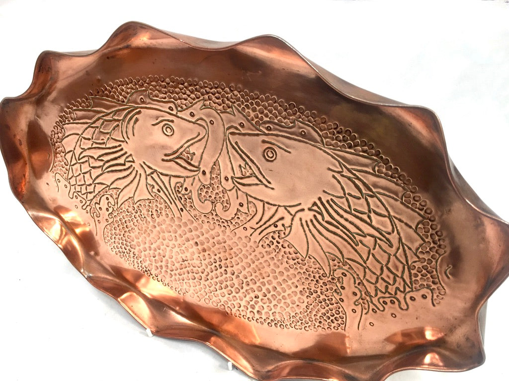 Antique Large Arts & Crafts Copper Tray with Fluted Edge & Fish Design c.1900