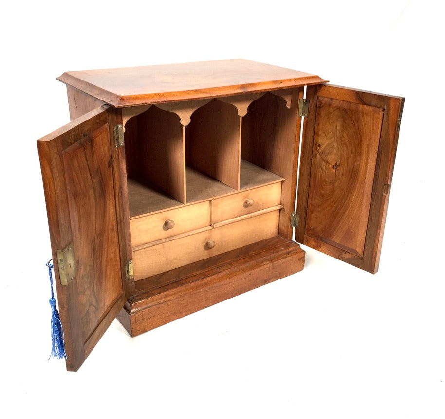 Antique Wooden Walnut Tabletop Cabinet Storage Box Desk Organiser & Key c.1930