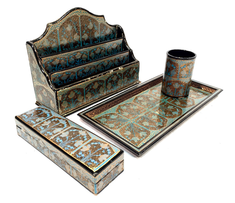 Vintage Wood 4 Piece Kashmir Desk Set Letter Rack / Stationery Tray / Pen Holder