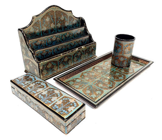 Vintage Wood 4 Piece Kashmir Desk Set Letter Rack / Stationery Tray / Pen Holder