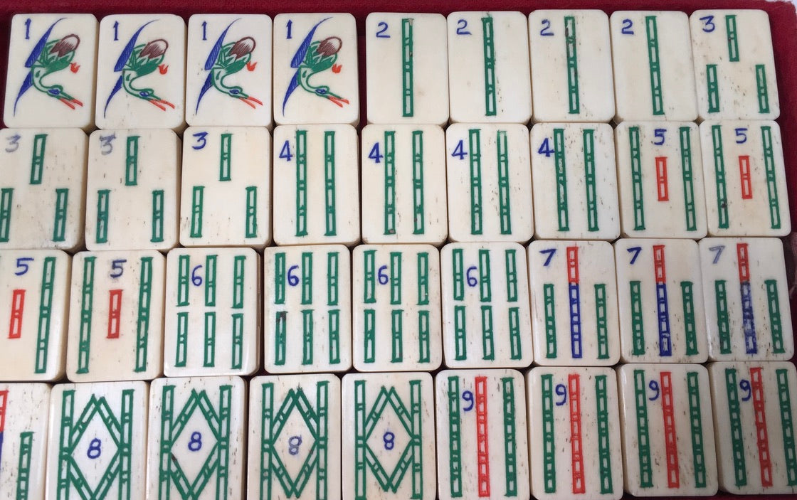 Antique Mahjong Game Carved Box / Bone & Bamboo Tiles / Mah Jong Game / Complete