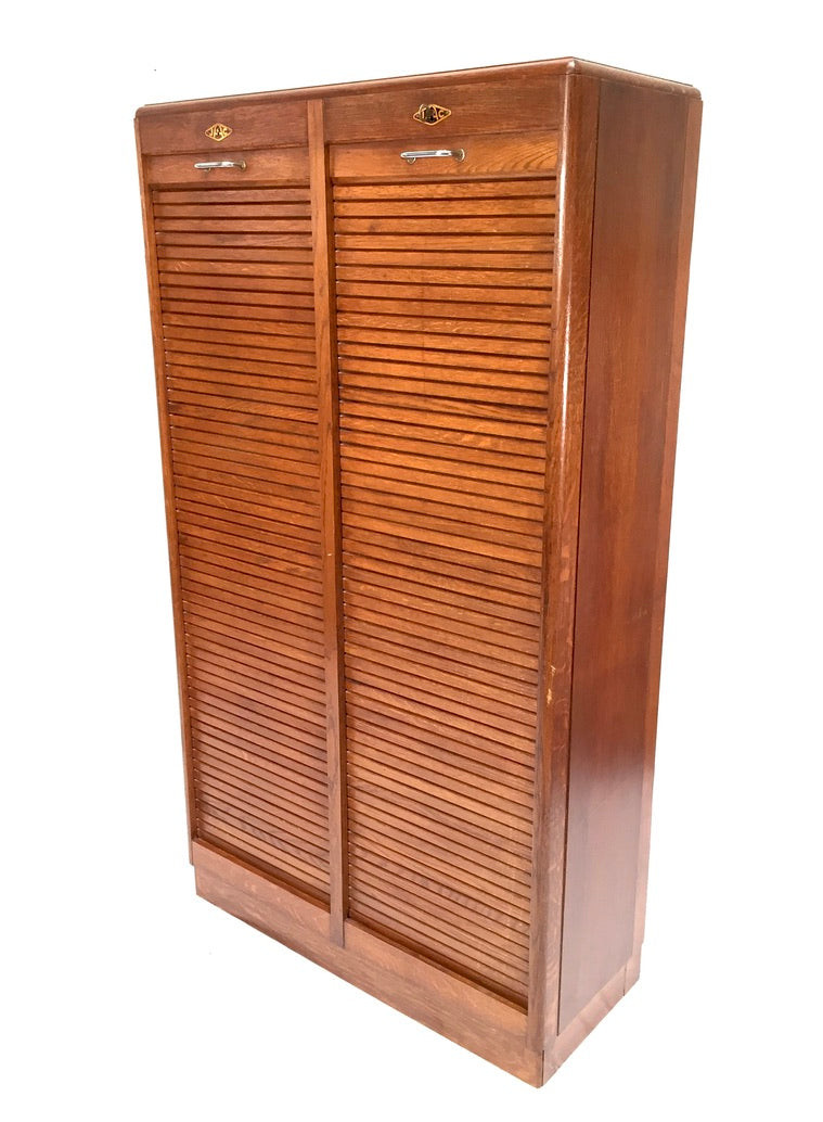 Antique 1930s Wood Oak Double Tambour Fronted Office Paper Filing Cabinet & Key