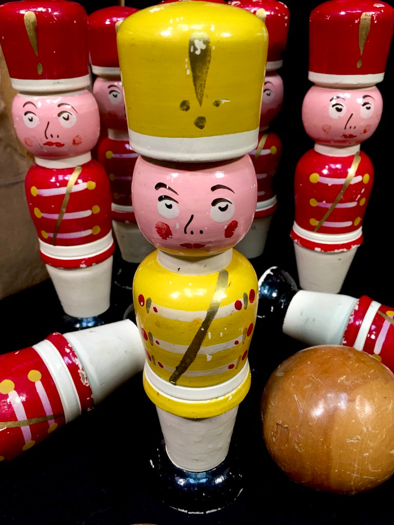 Antique Complete Set French Hand Painted Wooden Soldier Bowling Skittles & Balls