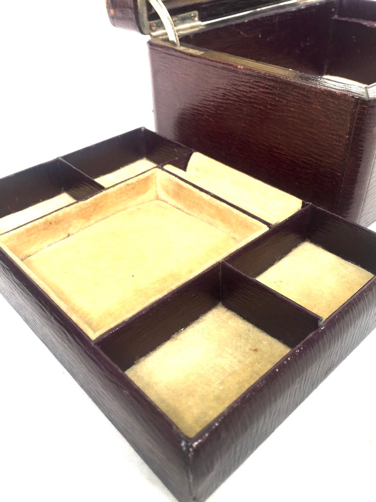 Antique Edwardian Leather Jewellery / Trinket Box with Key &amp; Working Lock c.1910