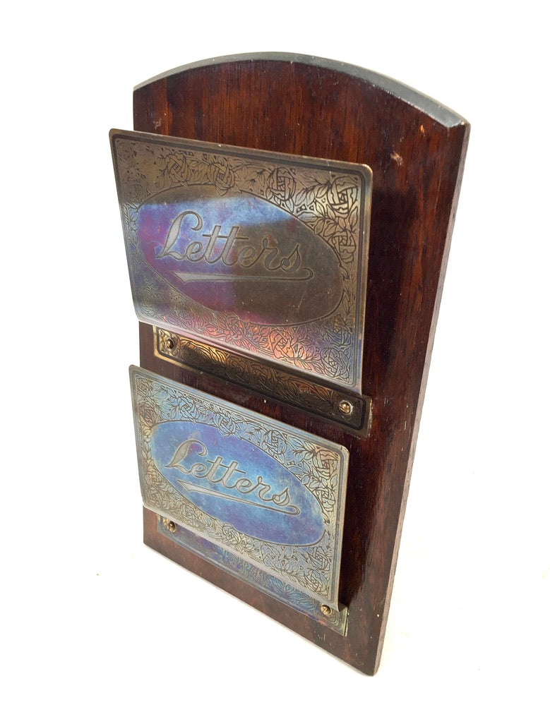 Antique Mid 20th Century Wooden Oak & Brass Wall Mounted Letter Rack / Holder