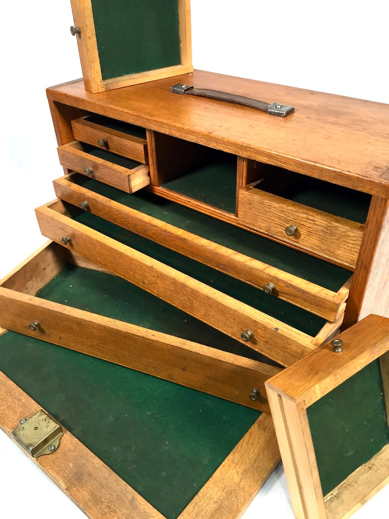 Antique Wooden Oak Engineers Toolbox / Tool Box Collectors Cabinet & Key c.1950