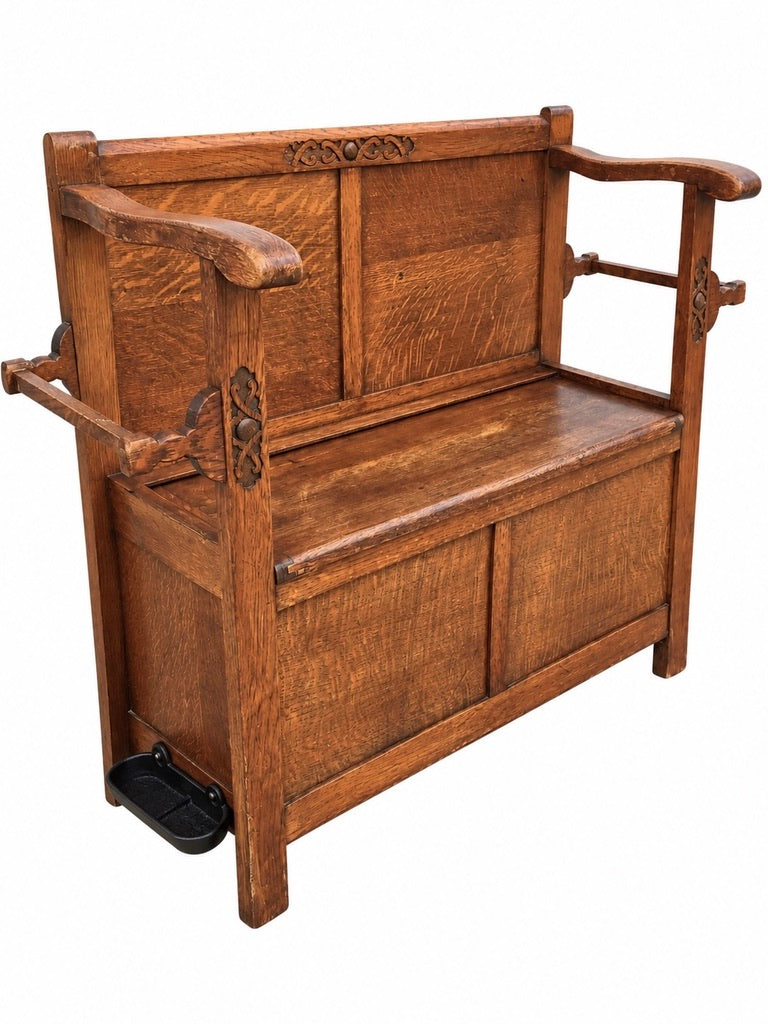 Antique Early 20th Century Oak Wooden Entrance Hall Monks Bench / Storage Seat