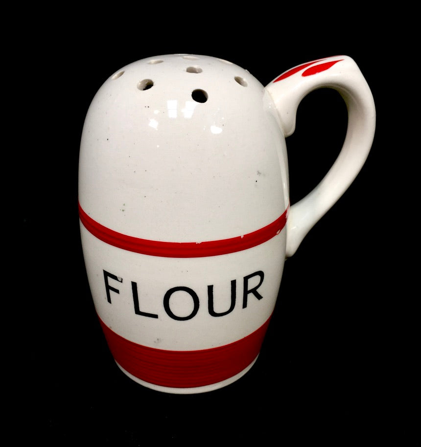 Antique Kitchenalia - Red & White Kleen Kitchen Ware Ceramic Flour Shaker c.1950