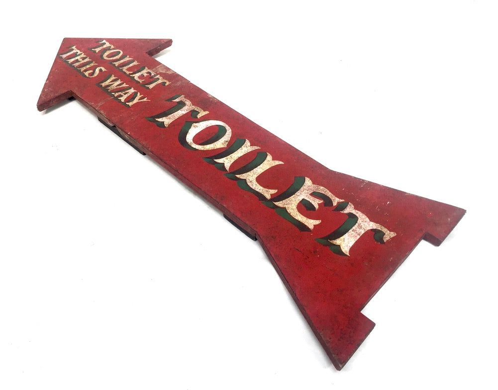 Vintage Wooden Hand Painted on Boards Red & White Toilet This Way Sign Arrow