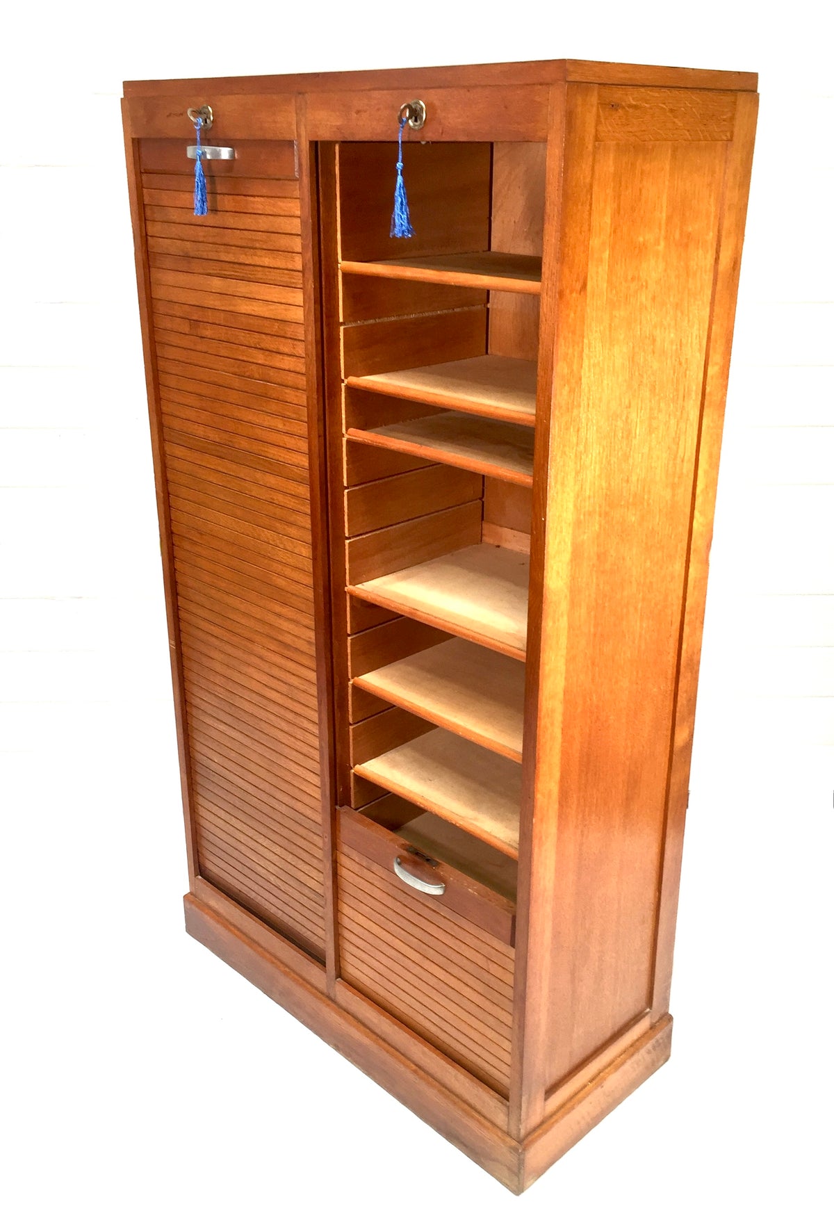 Antique 1950s Wood Oak Double Tambour Fronted Office Paper Filing Cabinet & Keys