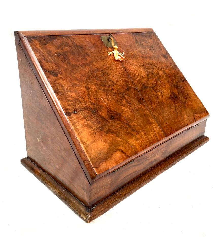 Antique Wooden Walnut Victorian Stationery Box Organiser Writing Slope with Key