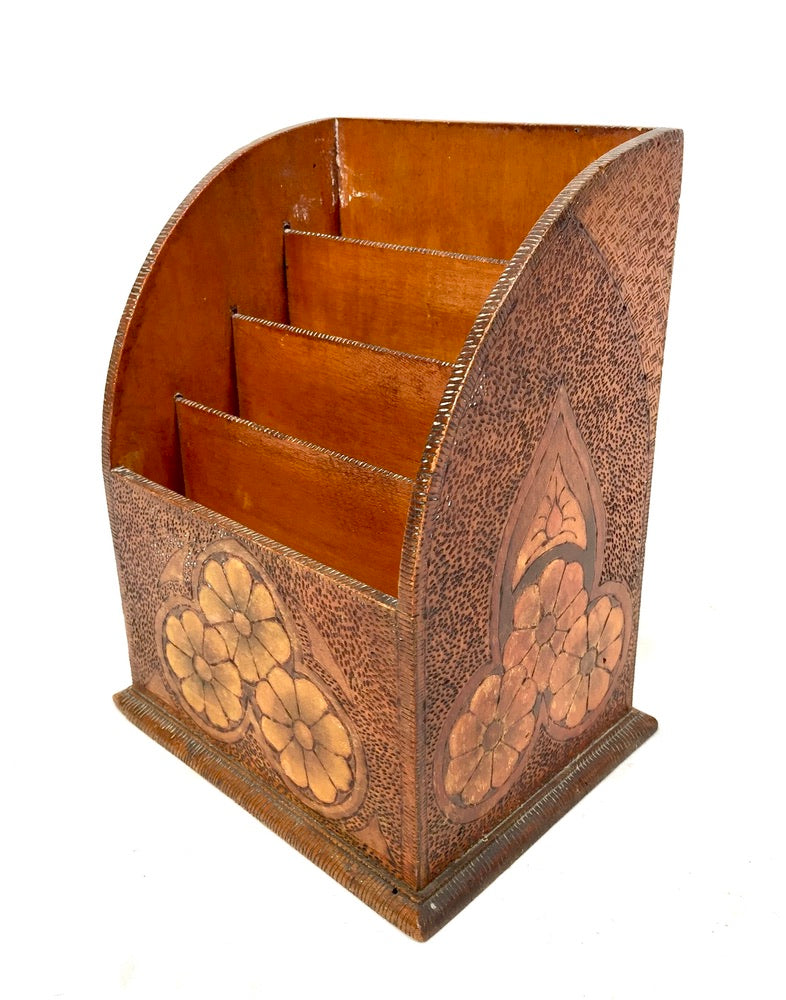 Antique Wooden Desktop Letter Rack / Stationery Holder with Poker Work Design