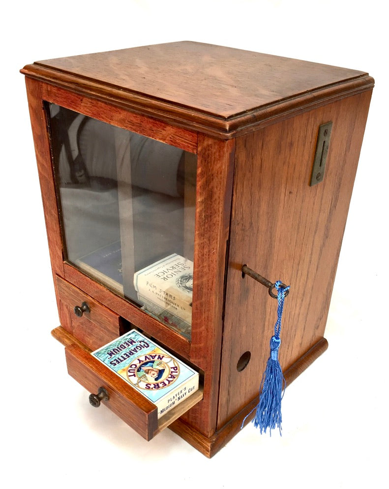 Antique Advertising - Wooden Tabletop Coin Operated Cigarette Vending Machine