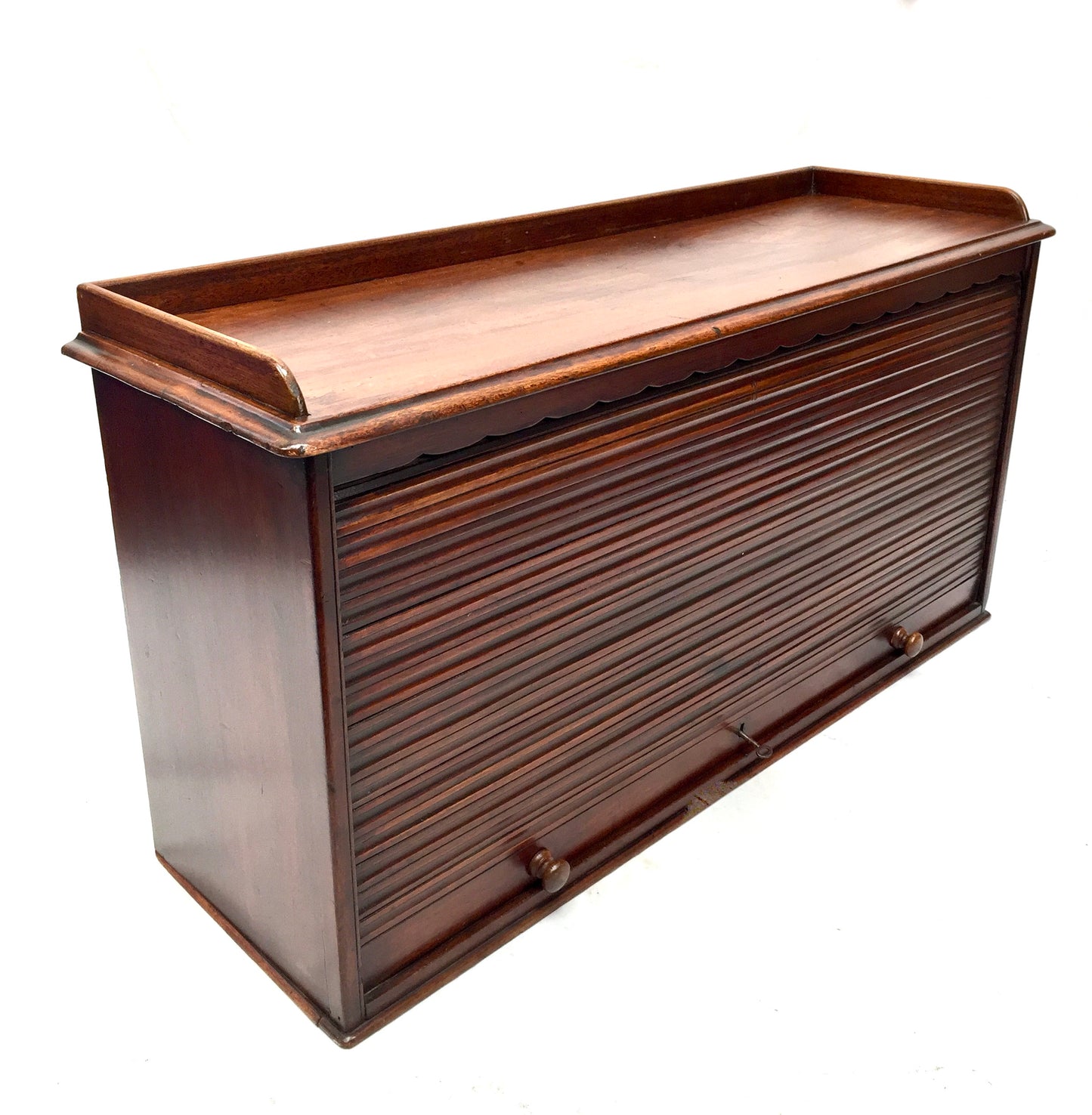 Antique Wooden Tambour Fronted Cabinet Pigeon Hole Stationery Box with Key c1930