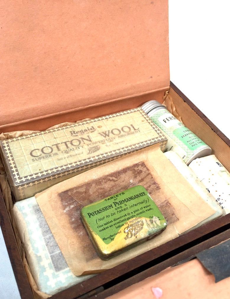 Antique Wooden Boots The Home First Aid Box & Full Contents Apothecary