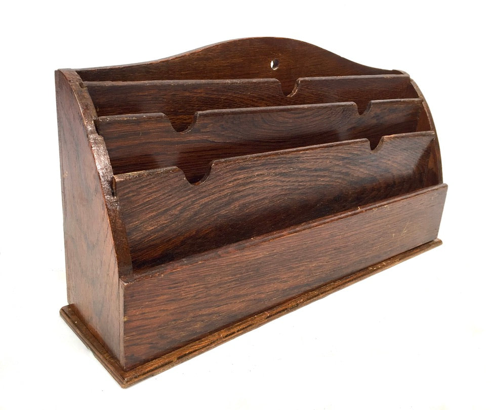 Antique Wooden Oak Desktop Letter Rack / Stationery Holder / Mid 20th Century