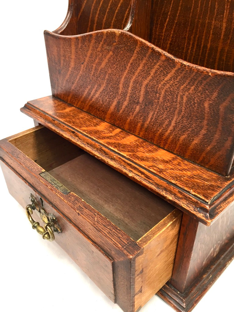Antique Edwardian Wooden Oak Desk Organiser Letter Rack and Storage Drawer c1900