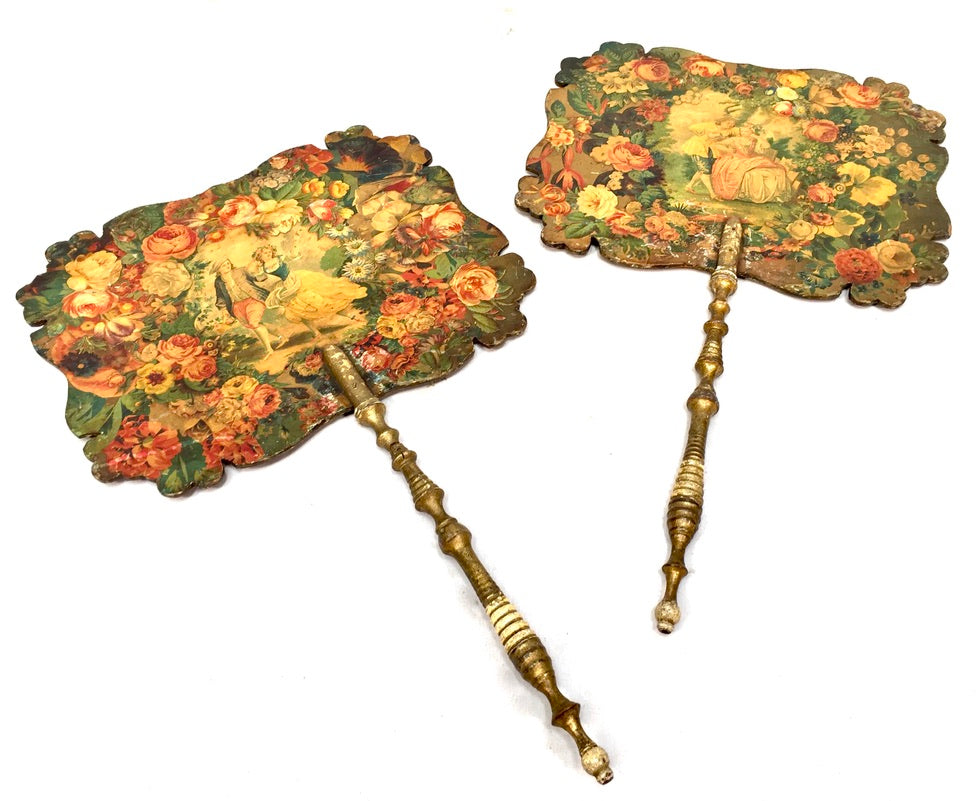 Antique Pair of Victorian Wooden Hand Held Fireplace Face Screens c.1880