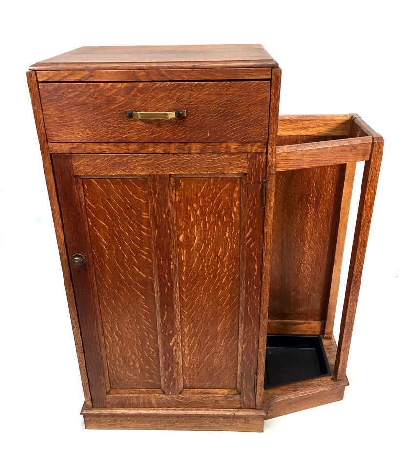Antique 1920s Art Deco Entrance Hall Oak Wooden Umbrella Stand Storage Cabinet