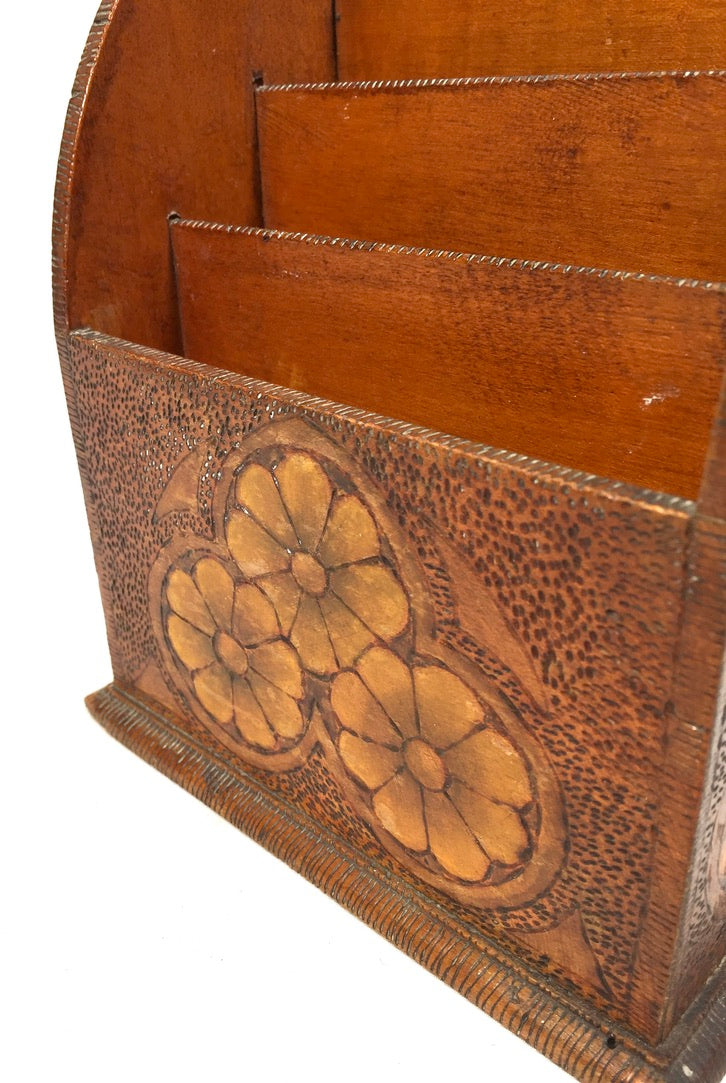 Antique Wooden Desktop Letter Rack / Stationery Holder with Poker Work Design