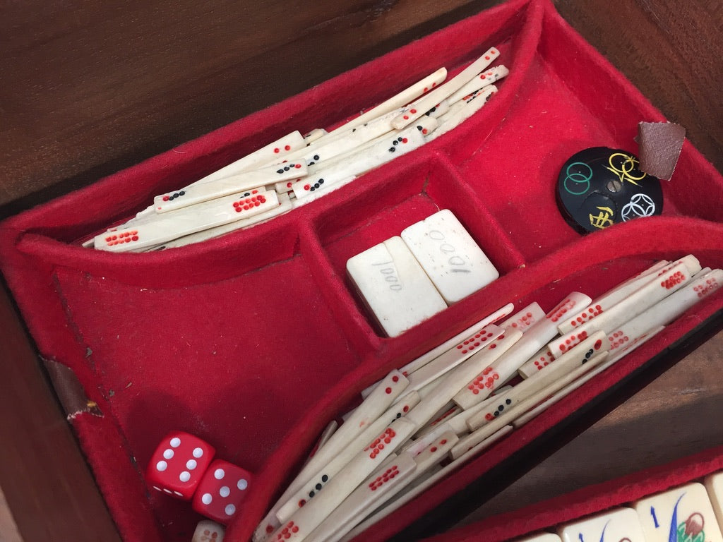 Antique Mahjong Game Carved Box / Bone & Bamboo Tiles / Mah Jong Game / Complete