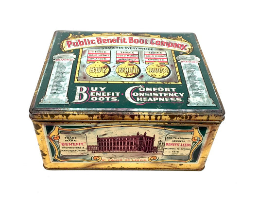 Antique Advertising - 1920s Public Benefit Boot Company Tin Pictorial Lithograph