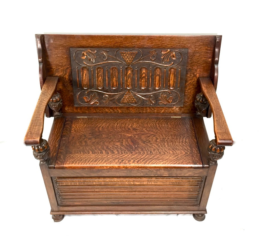 Antique Early 20th Century Oak Entrance Hall Monks Bench / Storage Seat