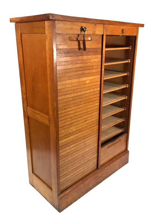 Antique 1950s Wood Oak Double Tambour Fronted Office Paper Filing Cabinet & Key