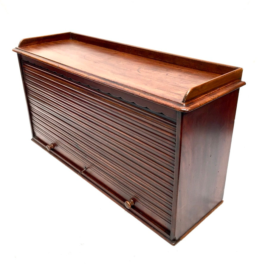 Antique Wooden Tambour Fronted Cabinet Pigeon Hole Stationery Box with Key c1930