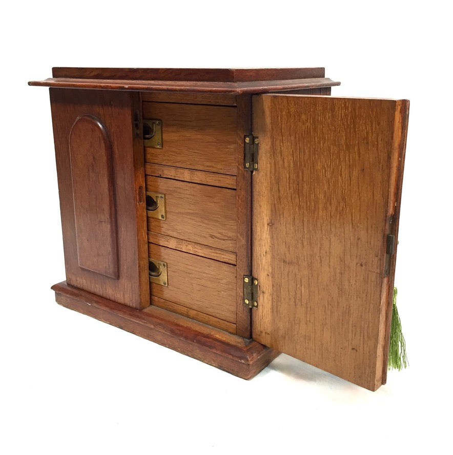 Antique Victorian Oak Wood Humidor Chest of Drawers / Collectors Cabinet Box Key