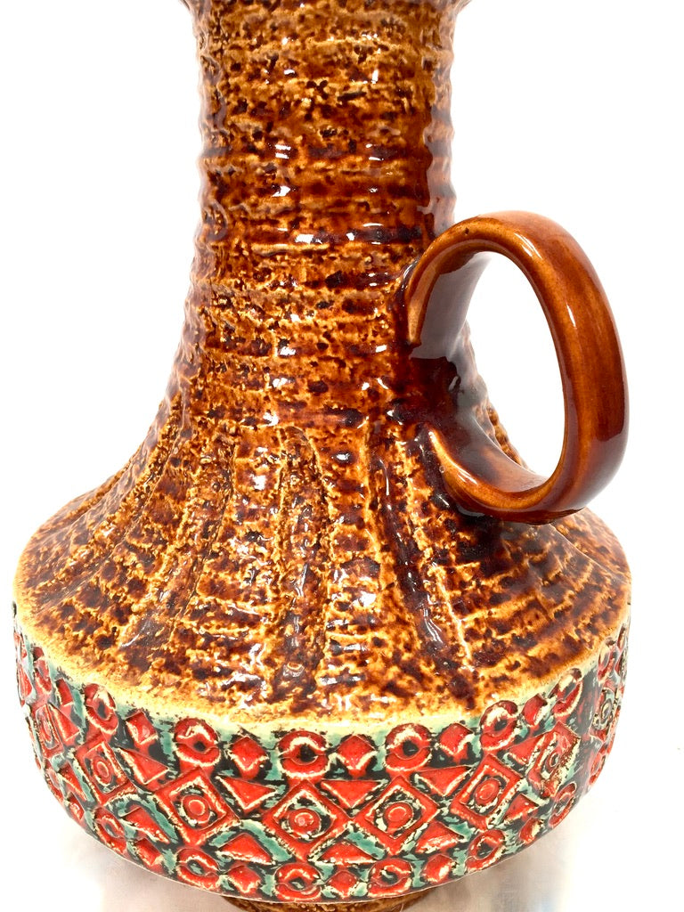 Vintage Spara Keramik West German Pottery Vase Jug / Retro 1970s Orange & Brown