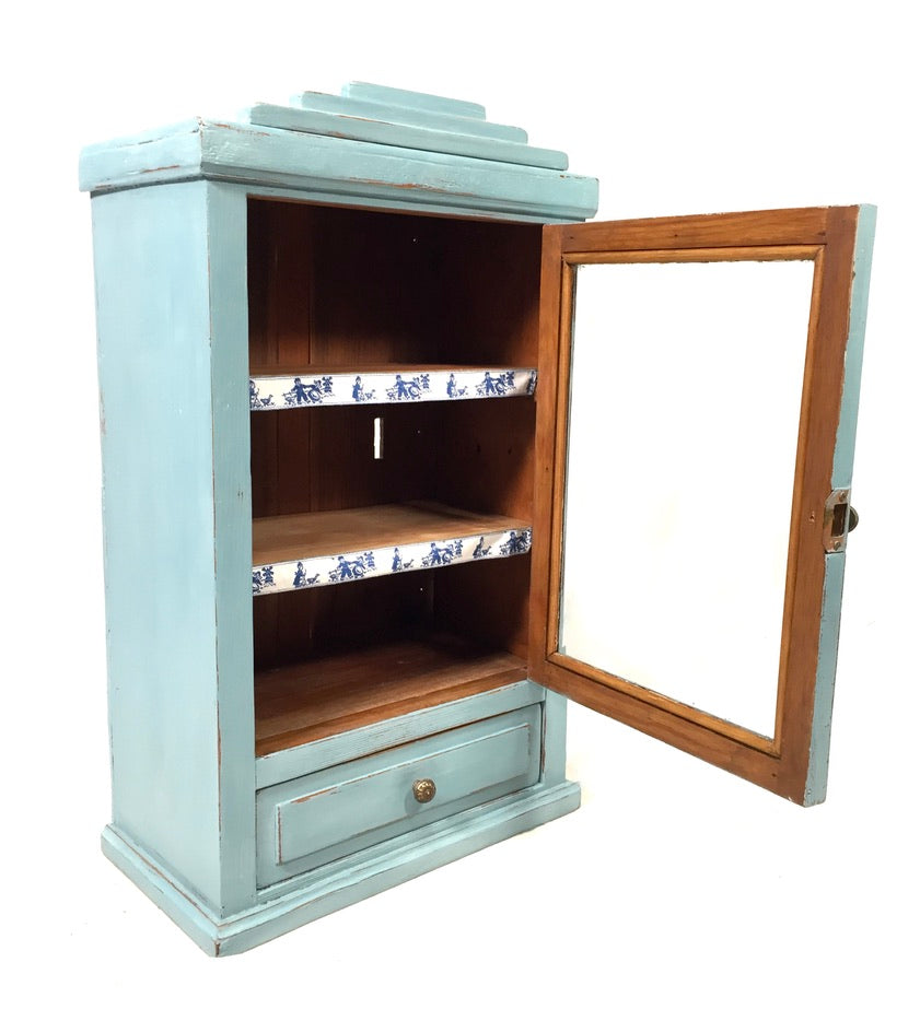 Antique Blue Painted Pine Wooden Tabletop Cabinet / Wall Storage Shelf Box c1950
