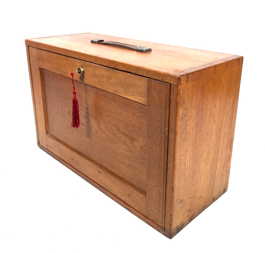 Antique Wooden Oak Engineers Toolbox / Tool Box Collectors Cabinet & Key c.1950