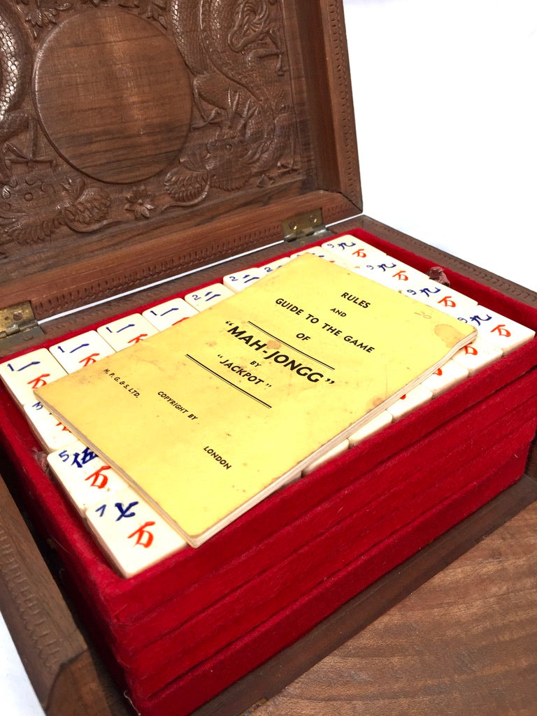 Antique Mahjong Game Carved Box / Bone & Bamboo Tiles / Mah Jong Game / Complete