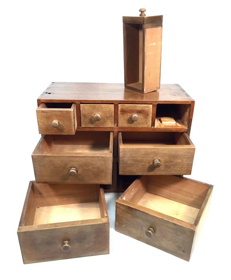 Antique Wooden Large Pine Tabletop Apothecary / Seed Merchant Drawers / Cabinet